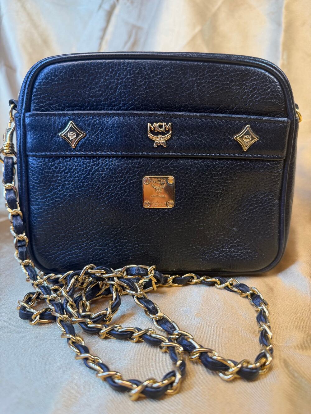 MCM Black Leather Chain Shoulder Crossbody Bag Gold Hardware Small Vintage